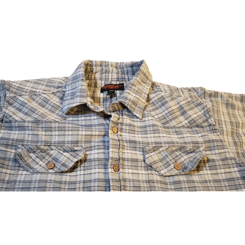 Flyshacker Men's Blue Plaid Large Button-Down 100% Cotton Collar Short Sleeve